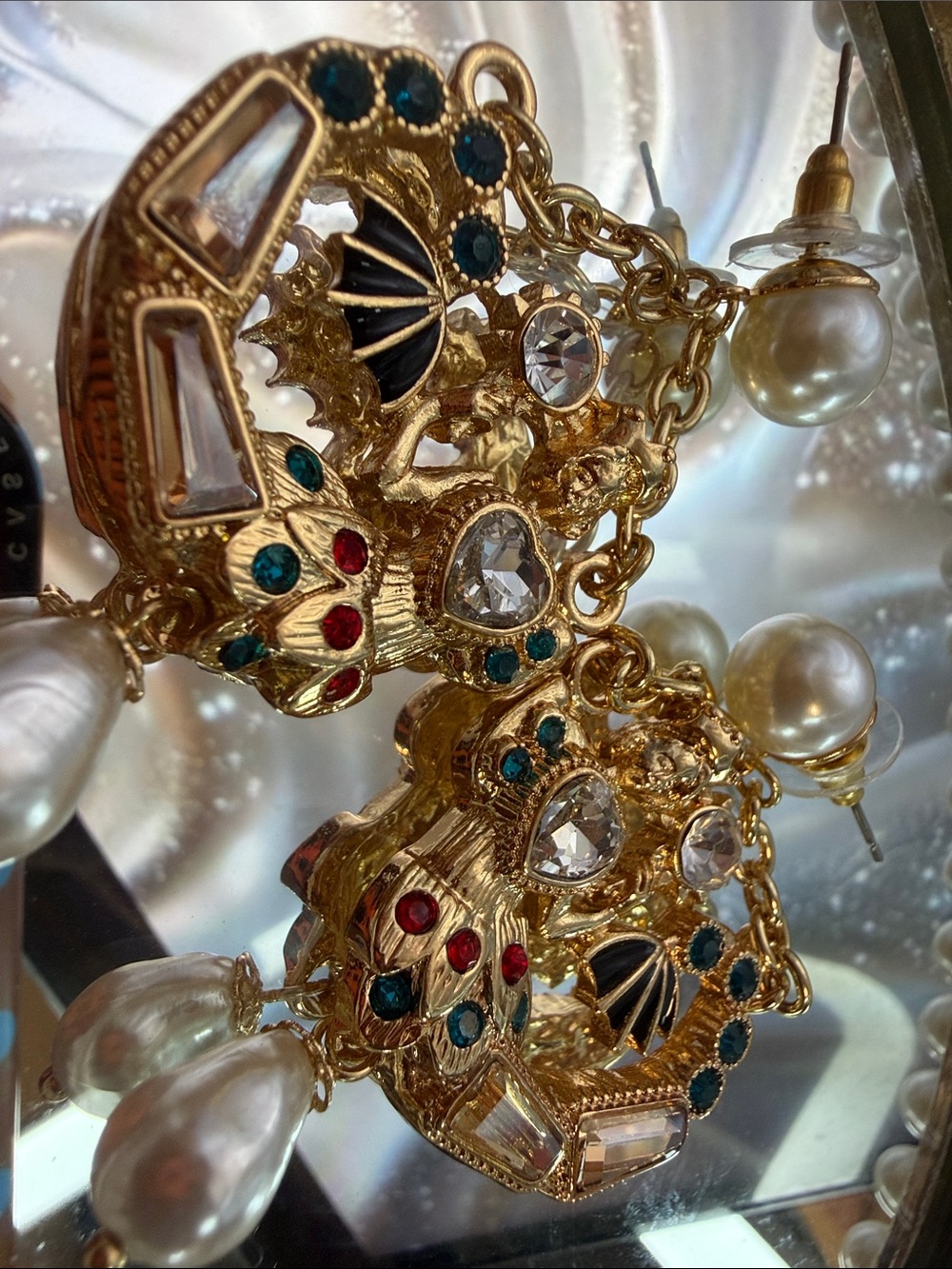 Gold-tone Pearl Drop Mermaid Shape Statement Earrings with Multicolor Accents - Picture 4 of 9